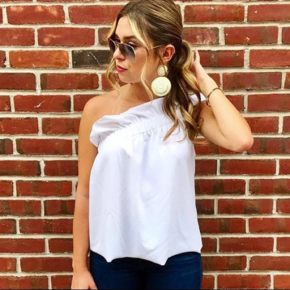 White one shoulder ruffle top